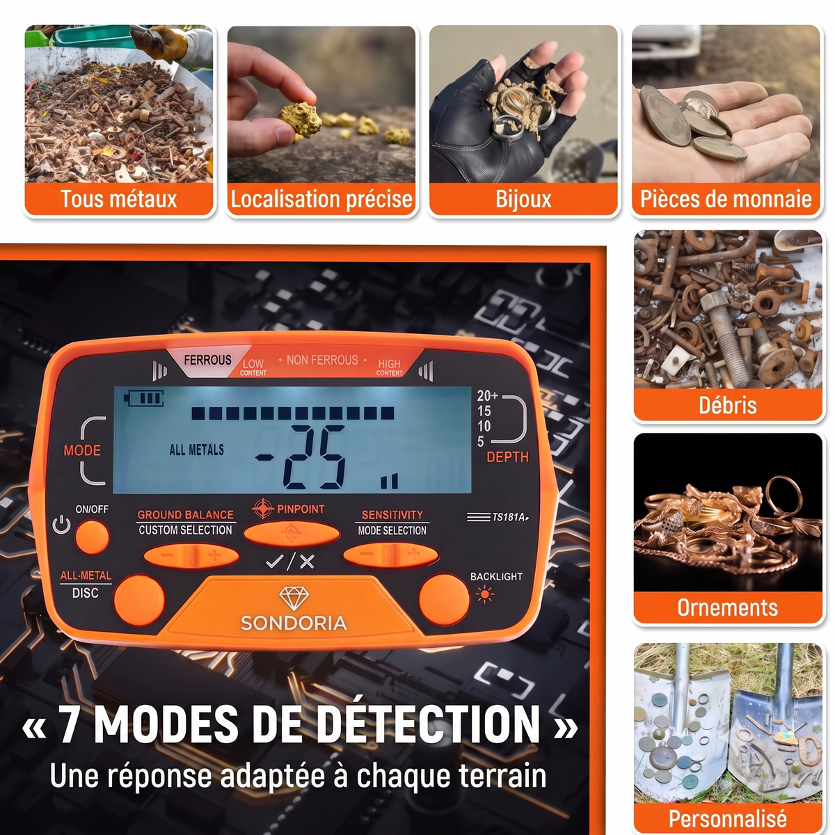 SONDORIA Explorer - Détecteur de métaux, écran LCD, 7 modes, bobine étanche IP68, pack complet